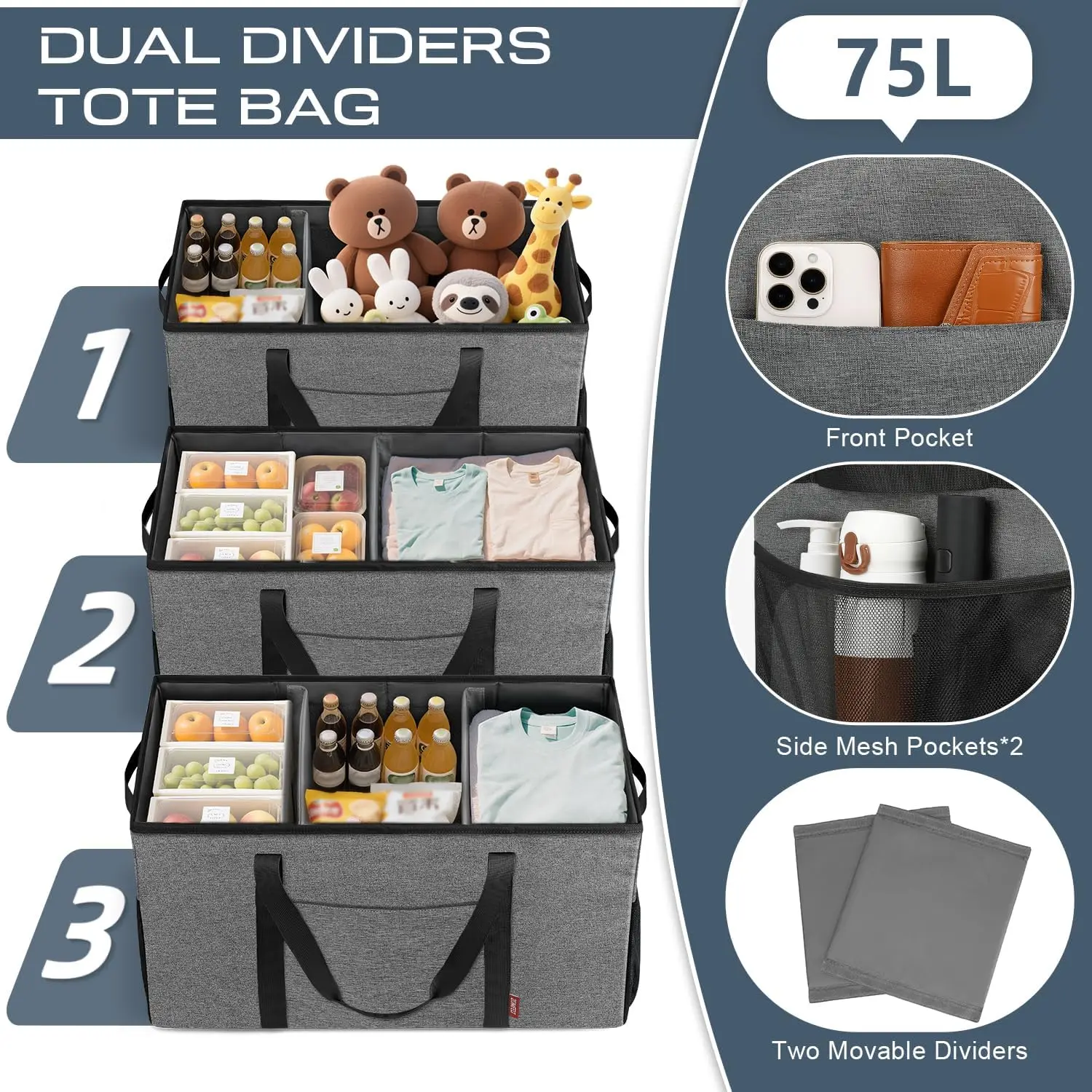 ZOMFELT 75L Standing Extra Large Utility Tote Bag with Removable Dividers & 4-sided Reinforced, Reusable Grocery Shopping Bags F