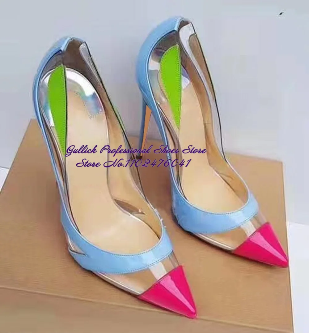 

Women Sky Blue Neon Patent Leather Color Patchwork Dress Shoes Transparent Clear PVC Pink Pointed Toe Wedding Pumps 12cm 10 8cm