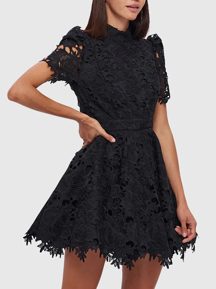 TWOTWINSTYLE Embroidery Hollow Out Dress For Women Stand Collar Half Sleeve High Waist Patchwork Belt Vintage Dresses Female New