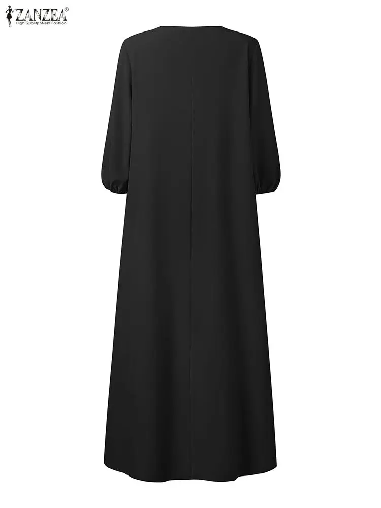 فساتين ماكسي نسائية بطيات على شكل حرف a من ZANZEA لخريف 2025 موضة رقبة دائرية 3/4 كم فانوس بلون سادة فستان طويل فضفاض 3XL
