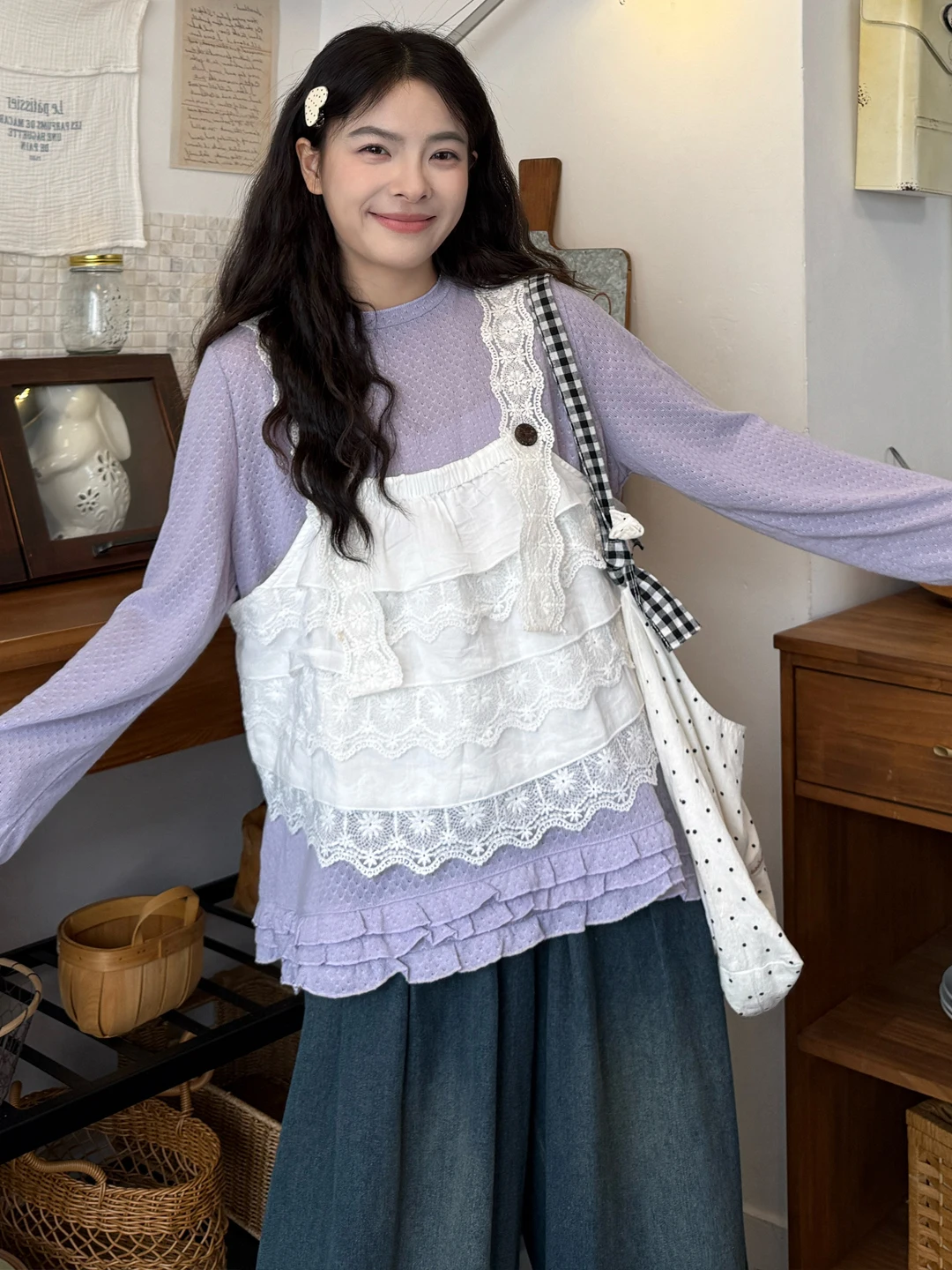 

plus Size Women's Spring New Sweet Versatile Base irt Strap Denim Pants Slimming Tee-piece Set Korean Sle Casual Faion