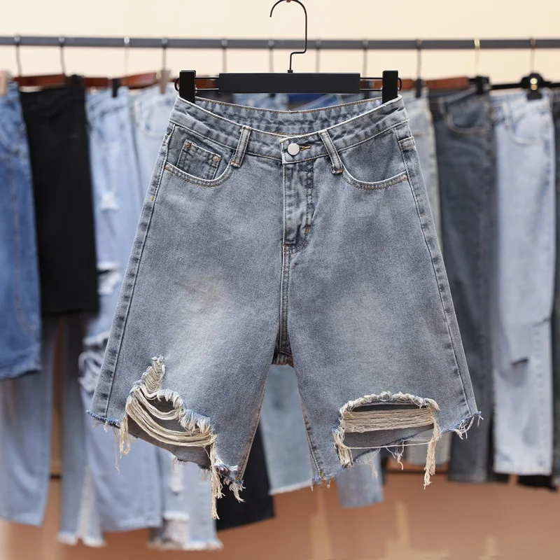 

High Waist Denim Shorts Women's Summer Thin Five-Point Riding Pants plus Size Jeans High Street Style Break Hole Design
