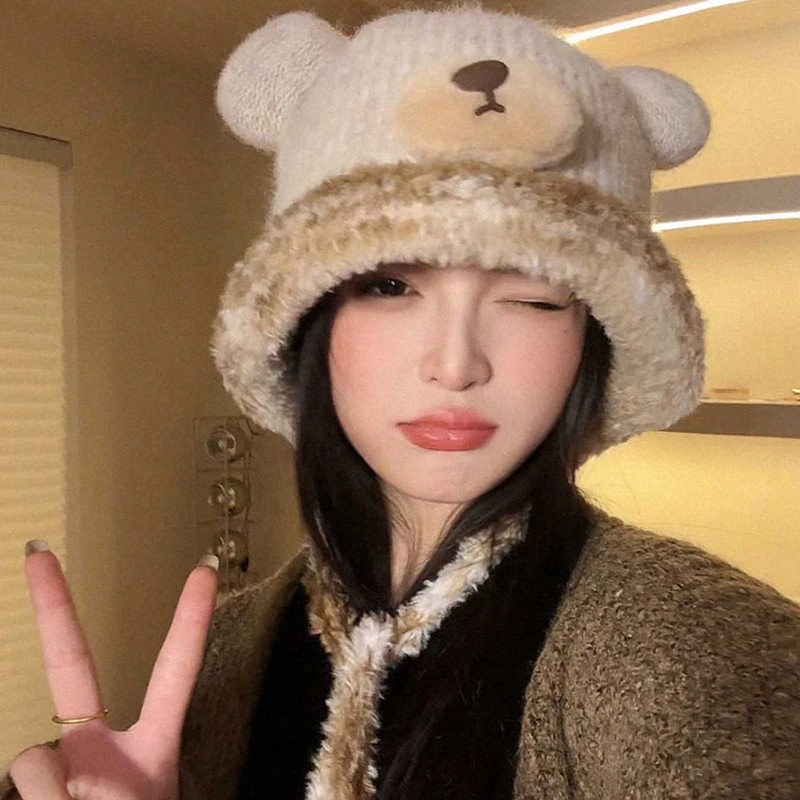 Cute Bear Beanie Hat Can Be Used As Bag Warm Bucket Hat Thickened Wool Knitted Cap