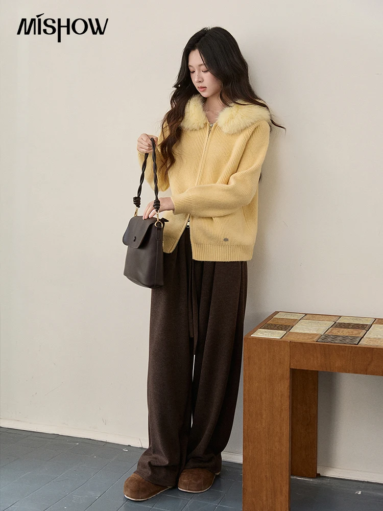 MISHOW Women's Yellow Knitted Cardigan 2025 Winter Faux Fox Fur