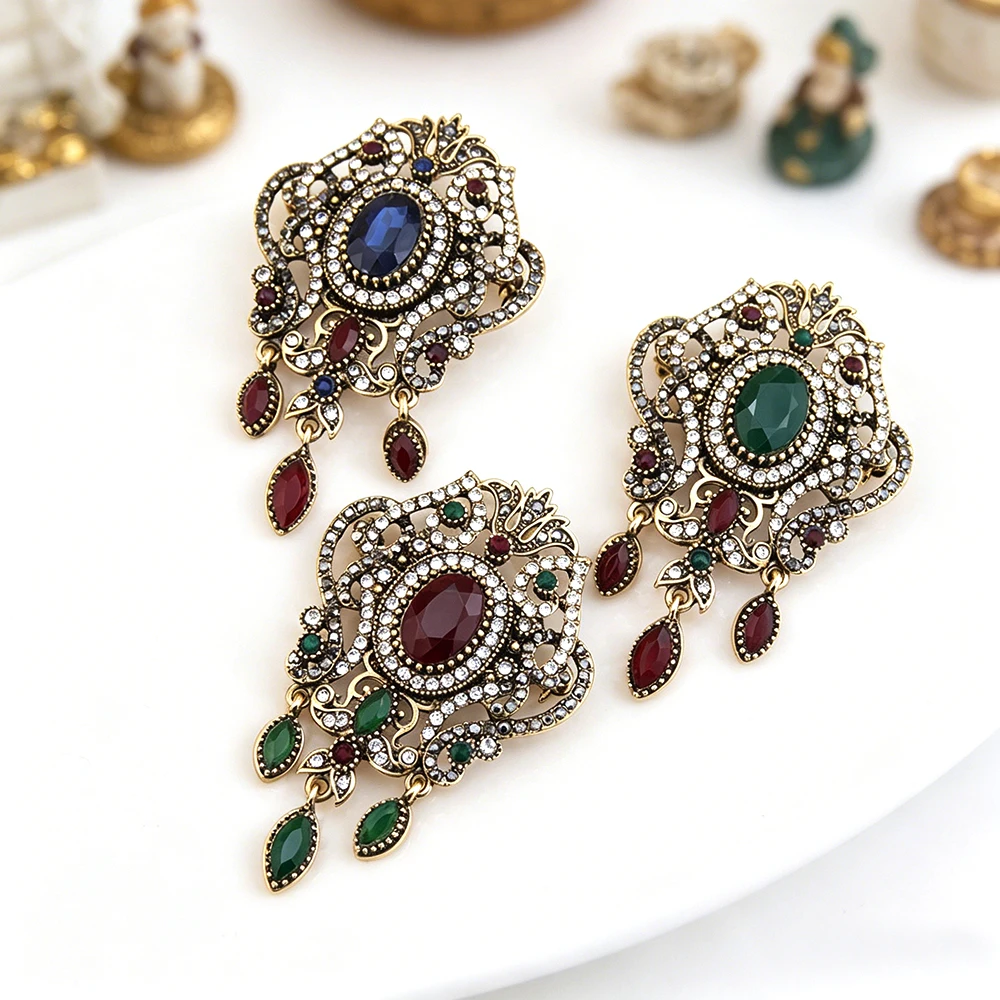 Vintage Turkish Brooch Antique Bronze Filigree Red Green Crystal Tassel Pins Ethnic Ottoman Rhinestone Brooch For Women