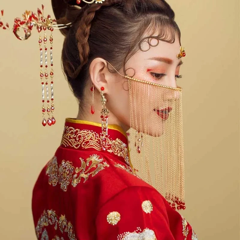 Chinese Style Face Curtain Hanfu Cover Hanfu Accessories Long Tassel Step Shake For Woman Vintage Party Princess Tiaras Jewelry