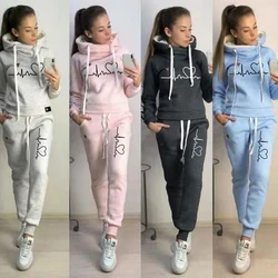 Two Piece Set Tracksuit Women Autumn Spring Hooded Hoodies and Pants Love Heart Pullover Sweatshirts Suit Casual Female Clothes