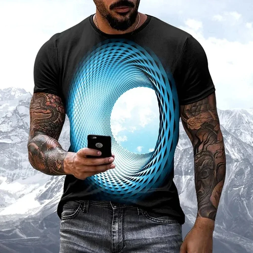 Fashion Hot Sales Personality Fun Sky Graphic T Shirts for Men New Casual Three-Dimensional Vortex Printed Oversized O-Neck Tees