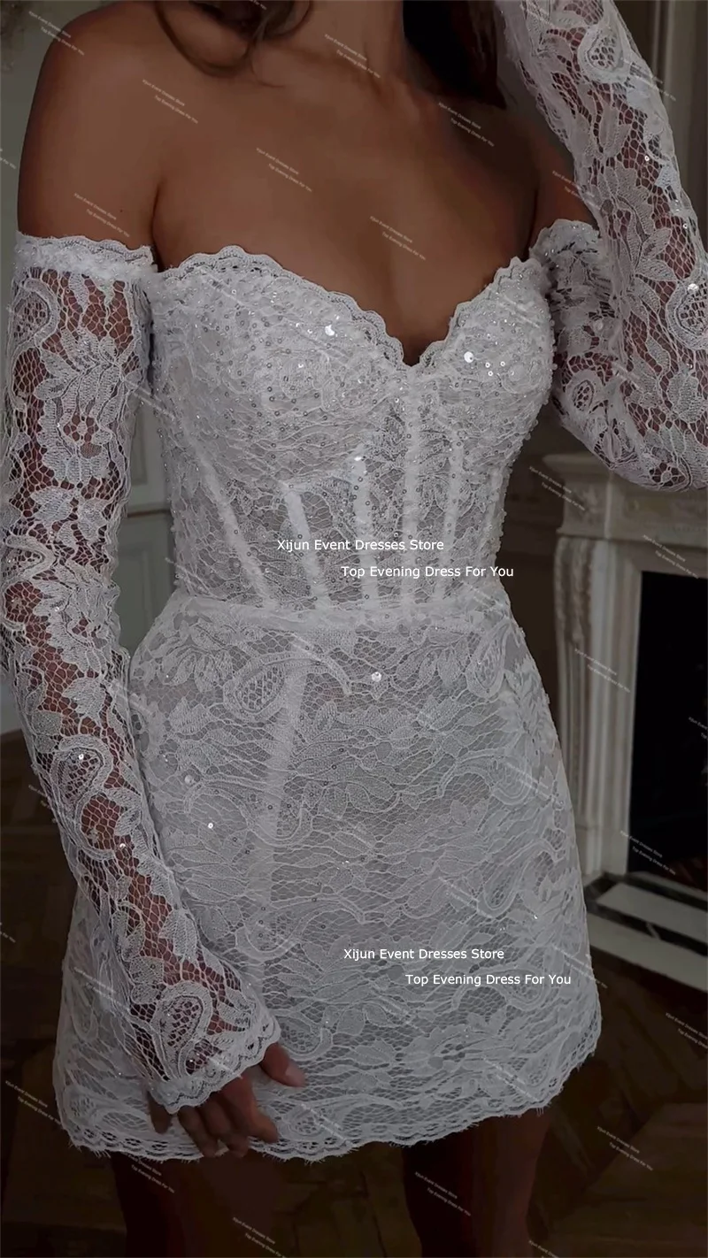 

Xijun Glitter Full Lace A-Line Mini Wedding Dresses Long Sleeves Sweetheart Off The Shoulder Short Bridal Gown vestidos de novia