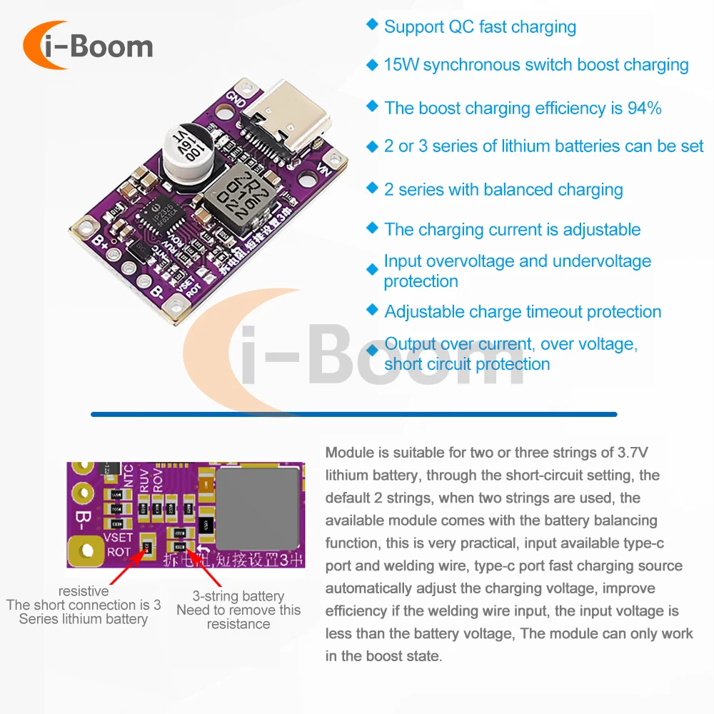 1PCS Wysokiej mocy baterii litowej Płyta ładowania 15W 2S/3S Bms Boost Moduł szybkiego ładowania Typ-C USB OC Szybkie ładowanie