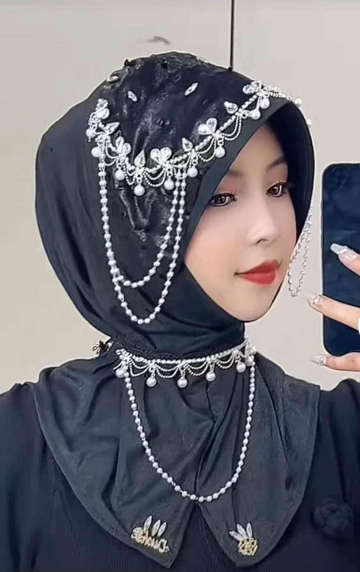 Hijab instantáneo con cuentas de diamantes de imitación, sombrero de lujo para boda, fiesta de novia