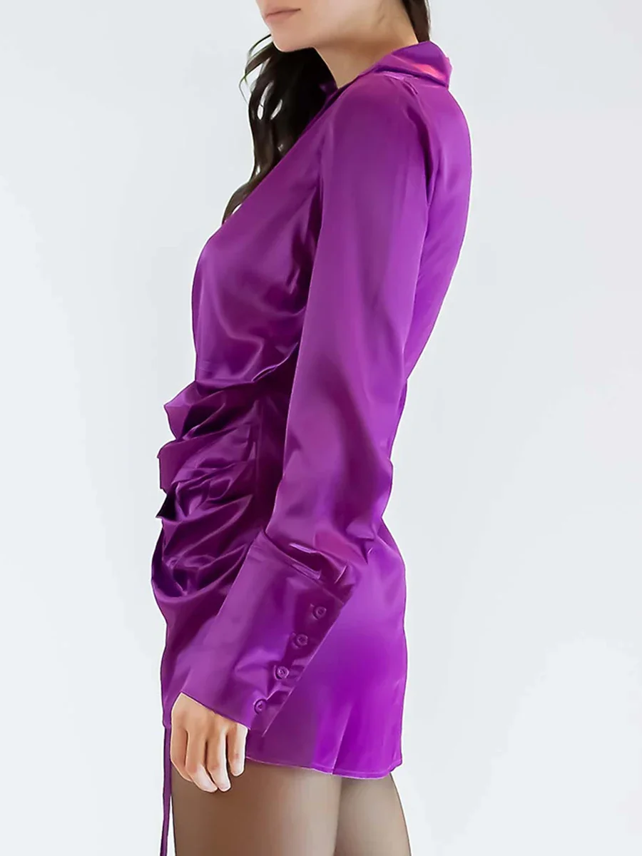 VGH الصلبة المرقعة الدانتيل يصل التخسيس طيات فستان للنساء التلبيب كم طويل عالية الخصر مزاجه فساتين أنثى موضة جديدة