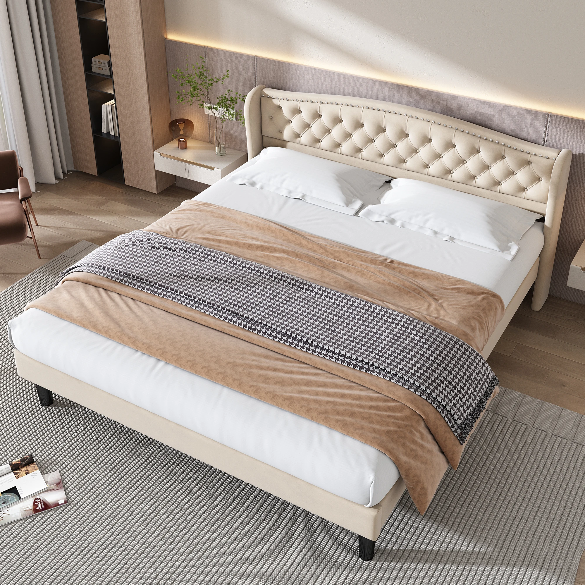 VSOGA Stylish Soft Upholstered Bed With A Velvety Headboard, 160*200cm, Button Decor And Sturdy Wooden Panels, Beige