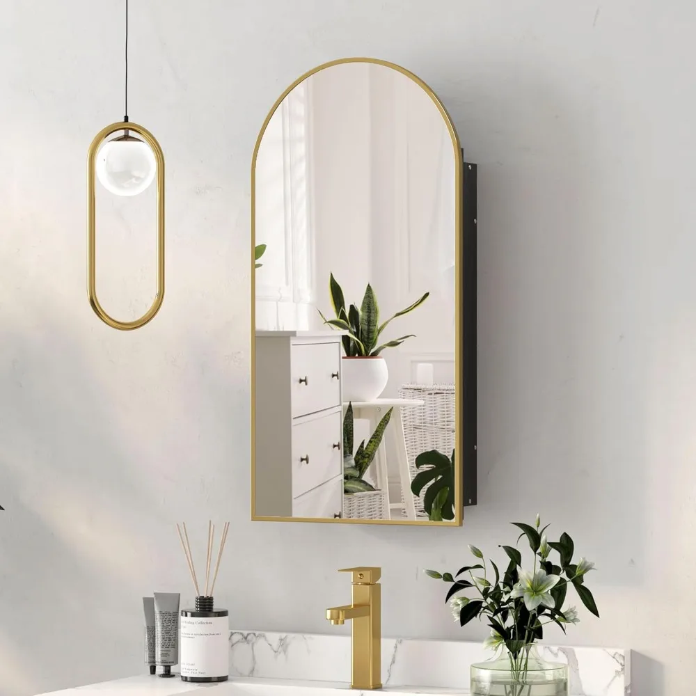 

Recessed Medicine Cabinet, Brushed Brass Gold Arched Medicine Cabinet with Mirror for Bathroom, Metal Edge Mirrored Medicine Cab