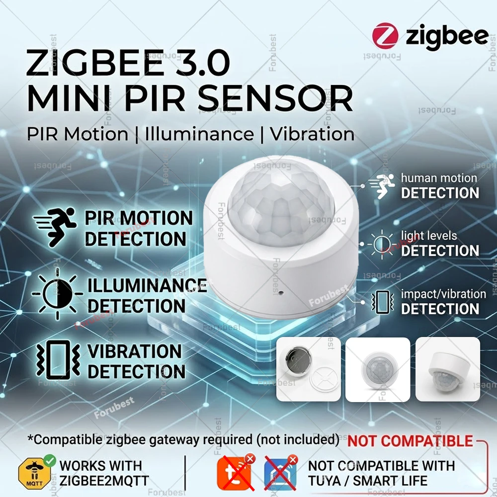 

Датчик движения Zigbee 3.0 PIR, мини-инфракрасный детектор человеческого тела, обнаружение яркости и вибрации, поддержка Zigbee2MQTT, Home Assistant