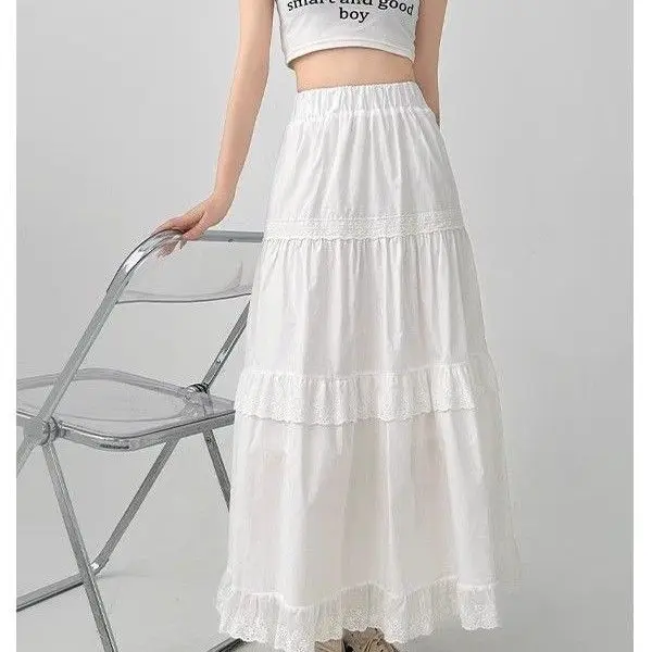 

Ele White Lace Trim f Skirt Gentle High Waist A-Line Cake Skirt Sle for Commute Casual Wear Stand Fit Polyester F...