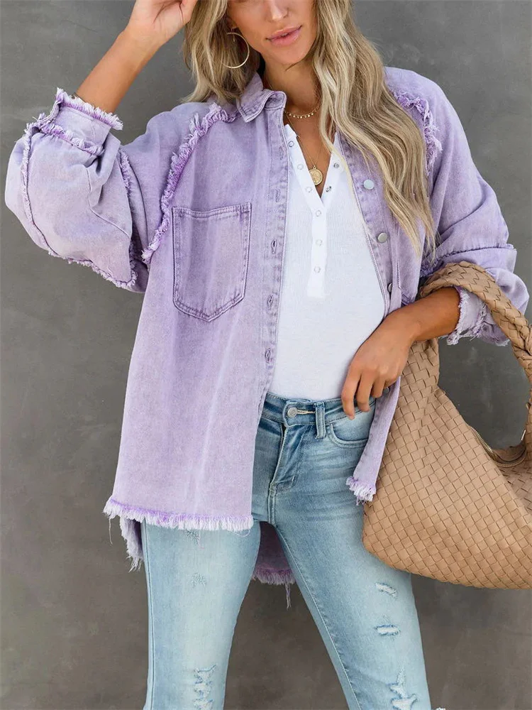 2022 Girls Sweet Pink Loose Shirt Jacket Woman Casual Soft Button Denim Shirts Ladies Chic Solid Pocket Jackets