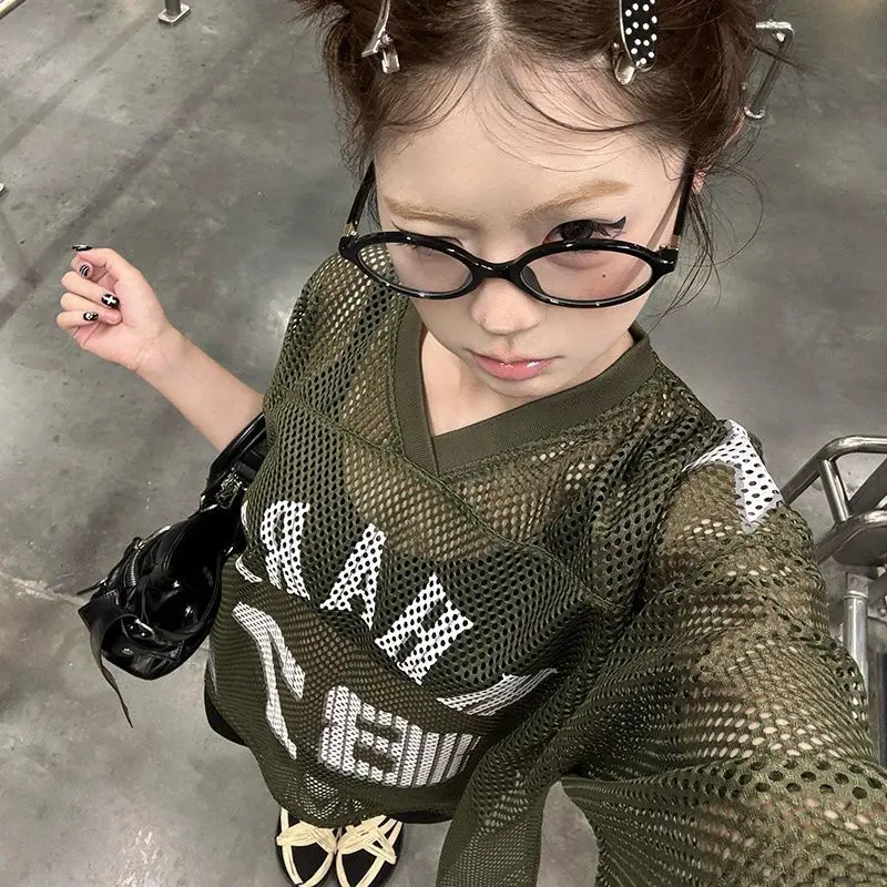 

American Retro Short Sleeved T-shirt Women's Summer Hollowed Out Mesh Eyepatch Loose and Slimming V-neck Top Trendy