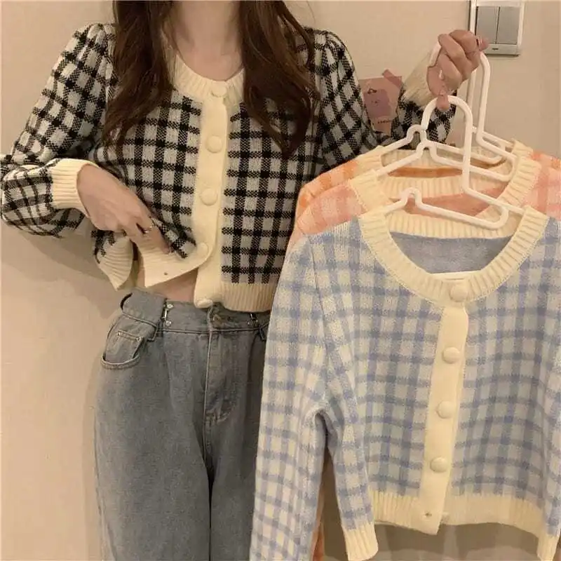 Plaid Women\'s Sweater Loose Long Sleeves 2022 Spring and Autumn Korean Fashion Chic Short Cardigan for Women Kawaii Sweater