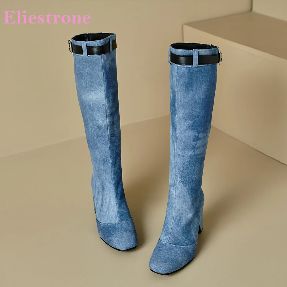 

2025 Новая зимняя новинка, синие женские сапоги до колена, повседневные женские туфли на высоком каблуке с квадратным носком, маленькие большие размеры 12, 32 43 46 48