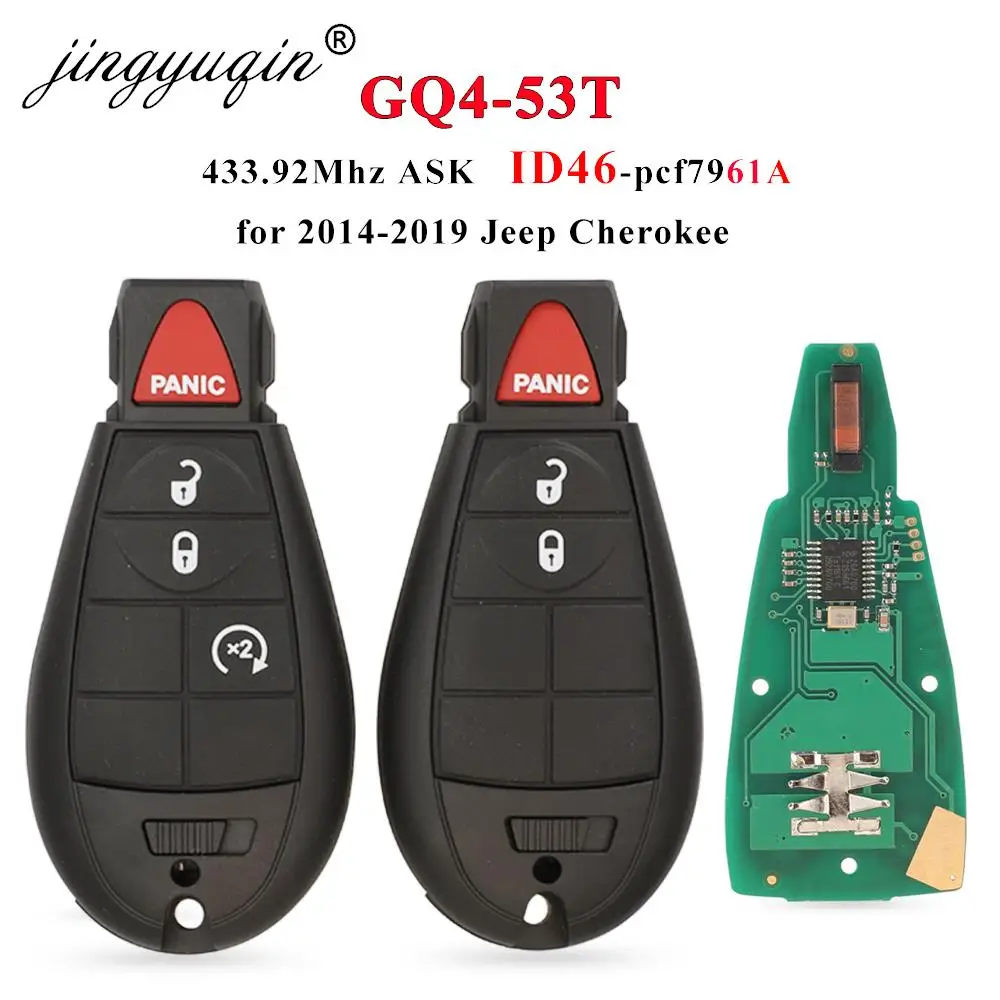 

jingyuqin GQ4-53T ID46-PCF7961A Chip 433Mhz 3/4 Button Remote Car Key Fob For 2014-2019 Jeep Cherokee Fobik Keys Fob