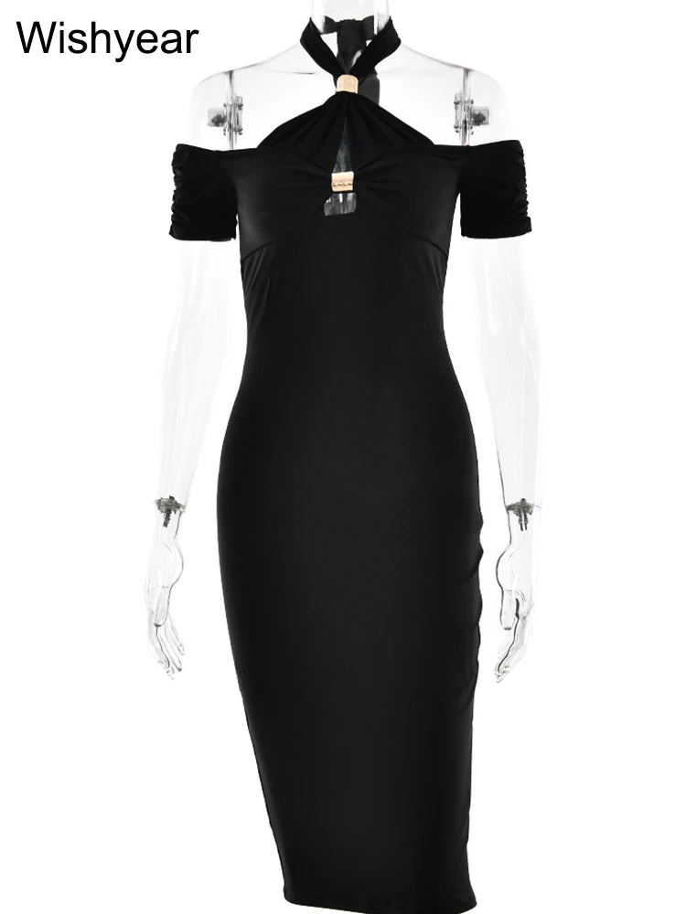 Wishyear Sexy Off-shoulder Sleeveless Skinny Black Mid Dress Women Elegant Hollow Out Halter Backless Birthday Party Vestidos