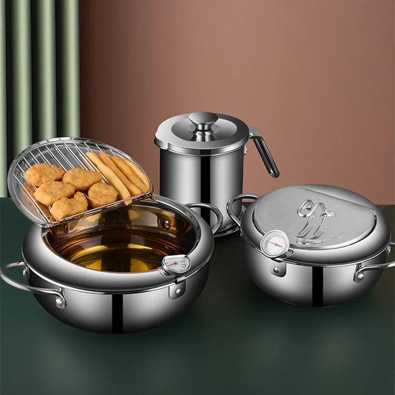 304 Stainless Steel Kitchen Tempura Fryer Pan 20 24 cm  pots and pans Japanese Deep Frying Pot with a Thermometer and a Lid