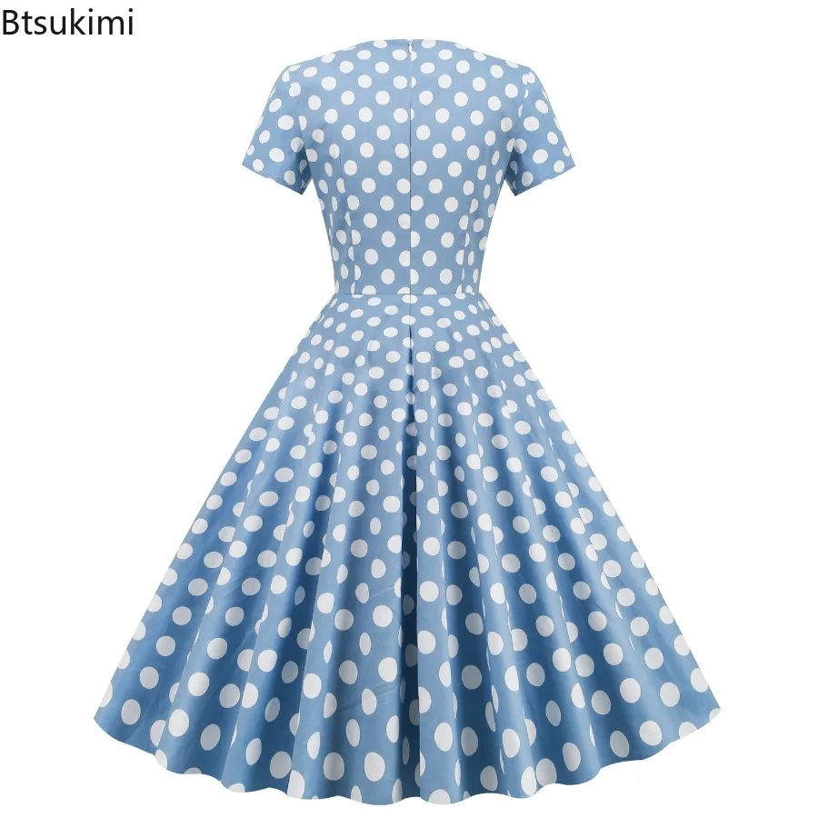 Robe Vintage à pois pour femmes, col asymétrique, grande jupe, manches courtes, coupe cintrée, couleur unie, rétro, été
