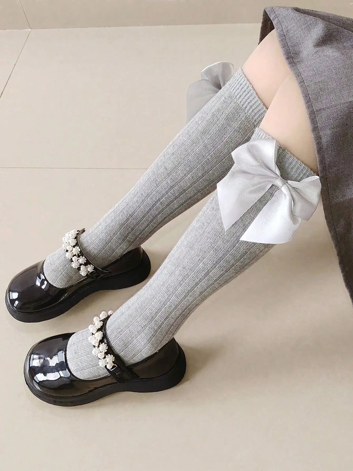 3Pairs Girls Bow Ribbed Knee High Socks 3-8Y Soft Breathable Solid Calf Socks Back To School Princess Daily Outfit Spring Autumn