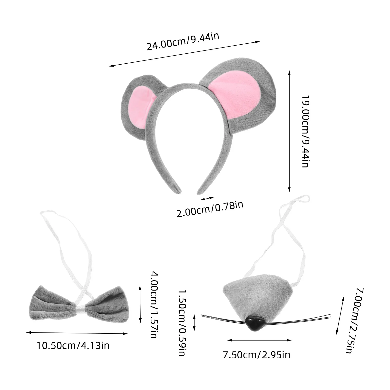 1 Zestaw Szary Strój Myszki z Uszami, Opaską, Ogonem i Muszką, Kostium Cosplay na Imprezę dla Dzieci i Kobiet