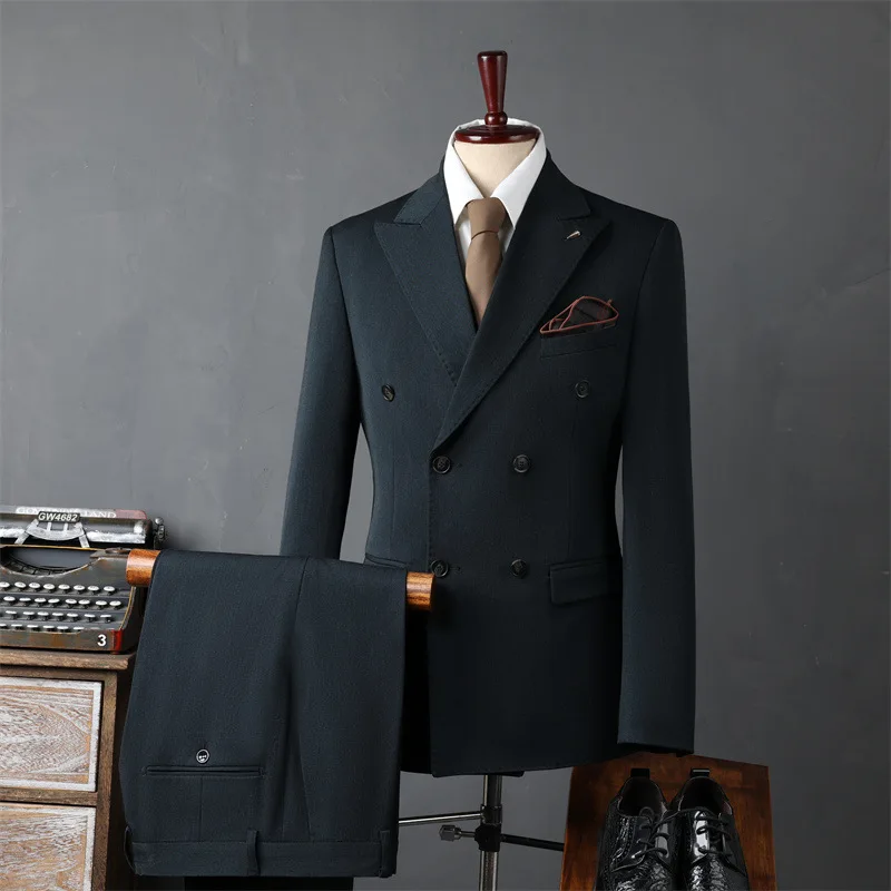 

AI NI YA Men's Suit Double breasted Business Set Formal Occasion Clothing Slim Fit Three Dimensional Cutting