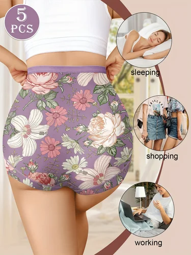 Imagen 2 del producto 5 calzoncillos elegantes de cintura alta para mujer: control de barriga y levantamiento de glúteos, ajuste cómodo con diseño de estampado floral