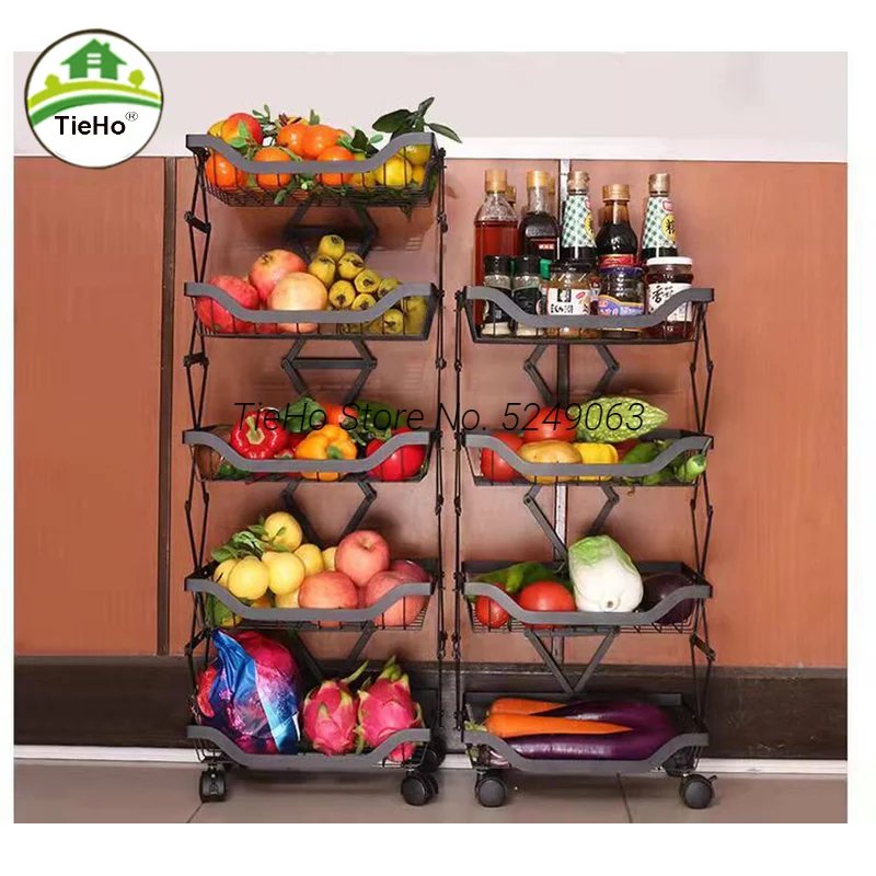 

Kitchen Folding Shelf Floor Fruit Basket Removable Vegetable Storage Rack Household Supplies Container Installation-free Black