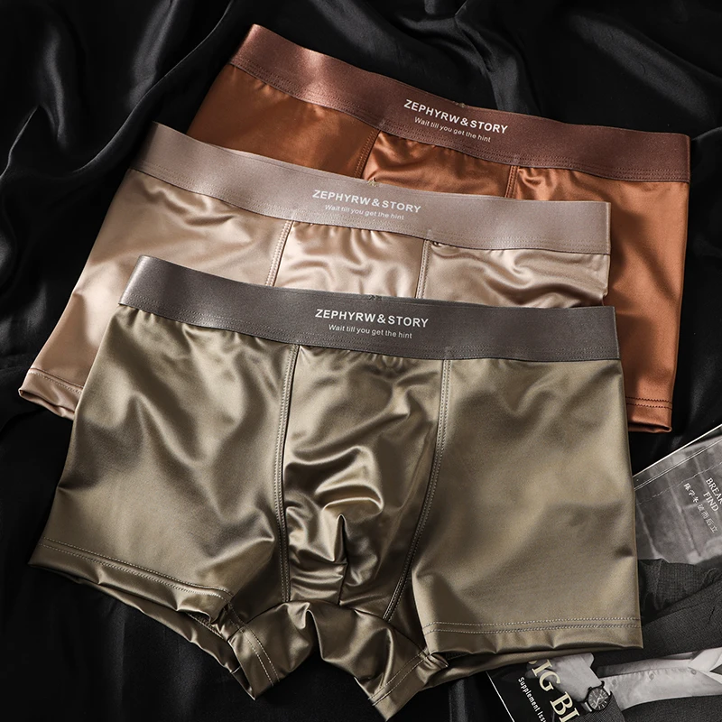 3-pack luxury ice silk satin men's boxers youth sports men's underwear breathable fashionable boxers solid color cool underpants