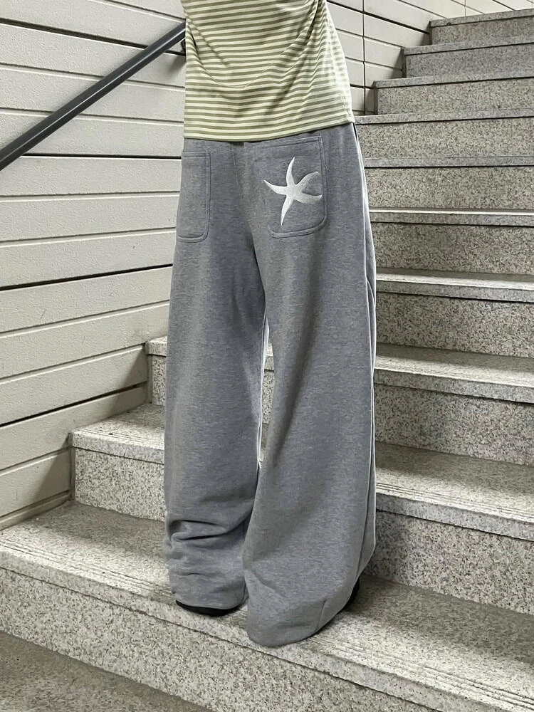 

American High Street Sle Women's Fce Lined Embroidered ket Casual Wide Leg Pants Autumn Winter Thiened Loose Fit Sp...