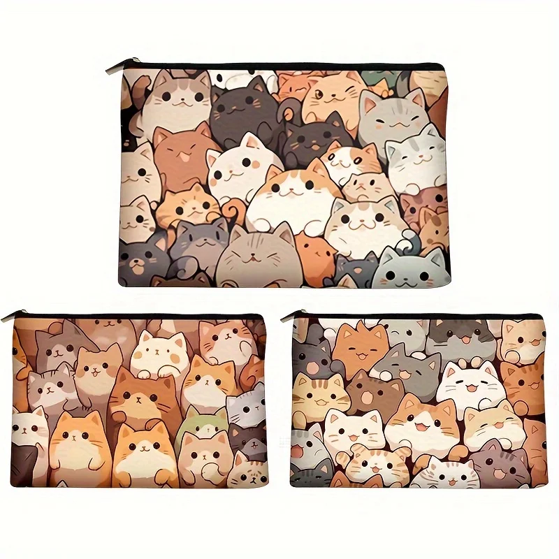 Stylish Cartoon Cat Print Clutch Bag Portable Zipper Cosmetic Bag With Linen Fabric Travel Toiletry Storage Pouch for Women