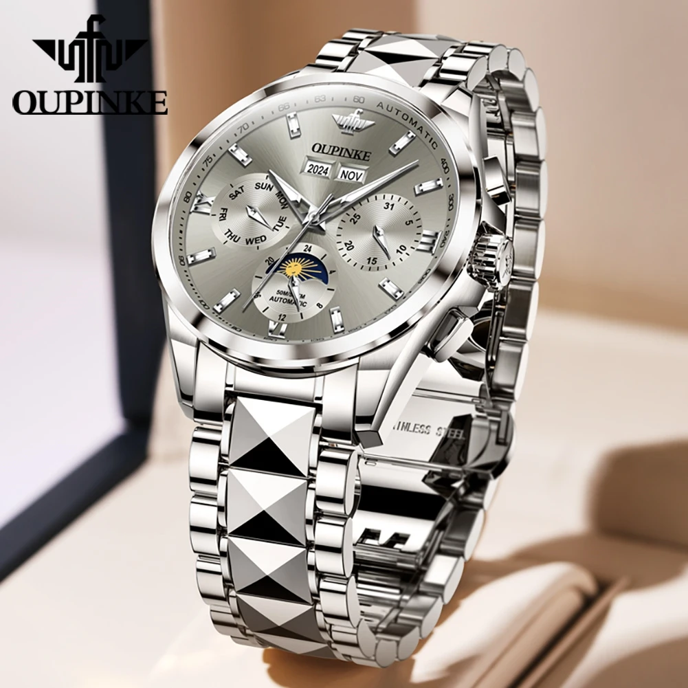 OUPINKE Official Genuine Man Watch Luxury Brand Tungsten Steel Strap 24 Hour Moon Phase Automatic Mechanical Men's Wrist Watches