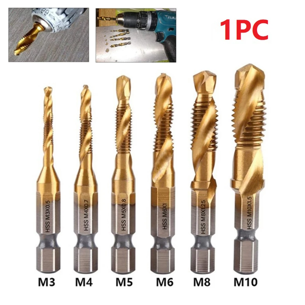 

1pcs Plated Tap Drill Bit Hex Shank Threaded Machine Compound Tap M3-M10 Bit For Hand Drill Bench Drill Tool Parts