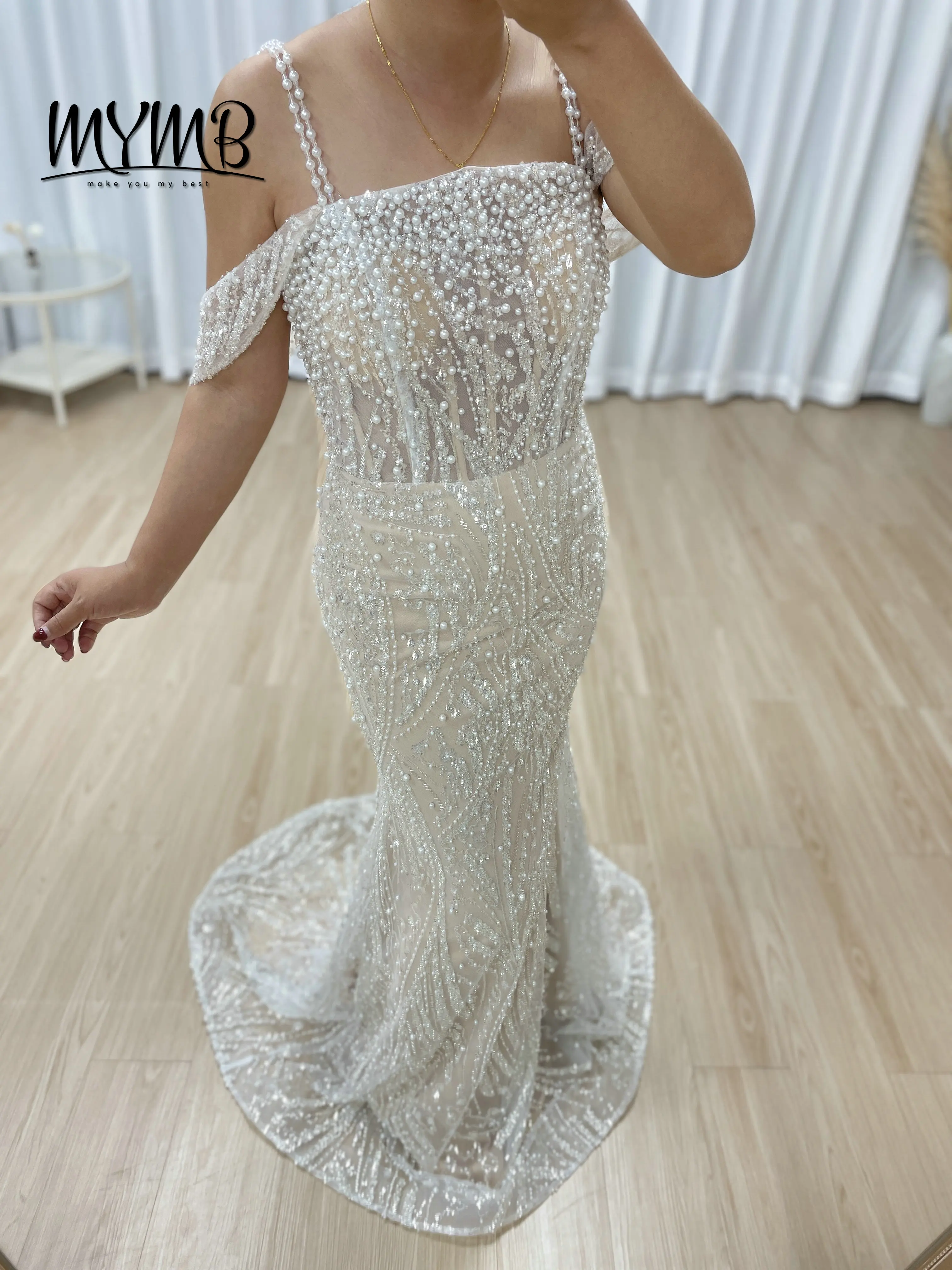MYMB Luxury Beaded Ivory Evening Dresses Sexy Off-shoulder Mermaid Slimming Wedding Dress Summer with Performance Dress MY30140