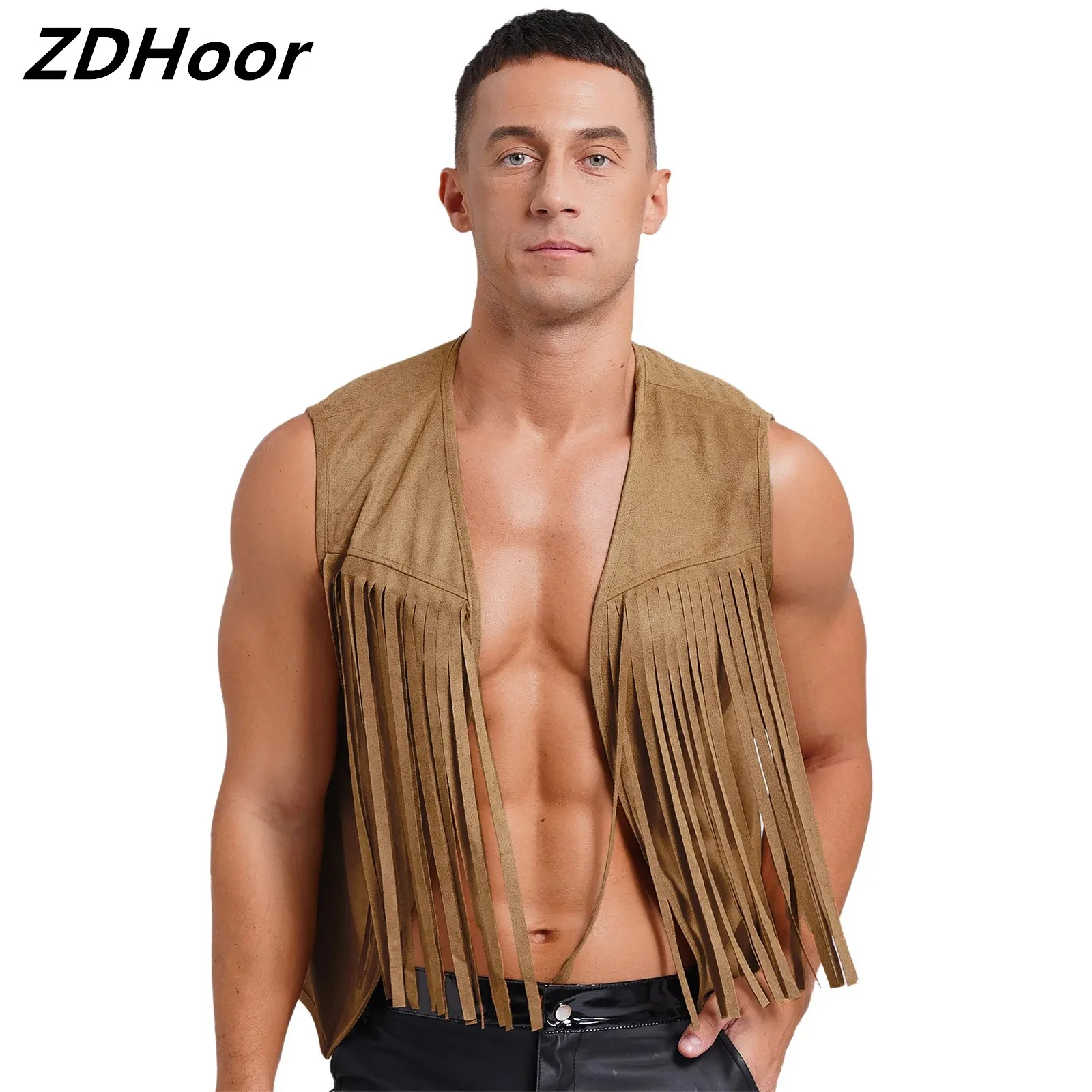 

Mens Cowboy Vest Vintage Fringe Hippy Short Waistcoat Open Front Loose Suede Tank Top Western Costumes for Halloween