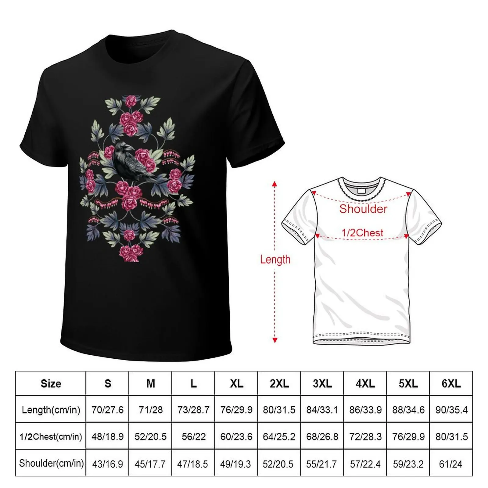 Crow, Bleeding Heart & Roses Floral/Botanical Pattern T-Shirt Large Size Casual Tee Shirt