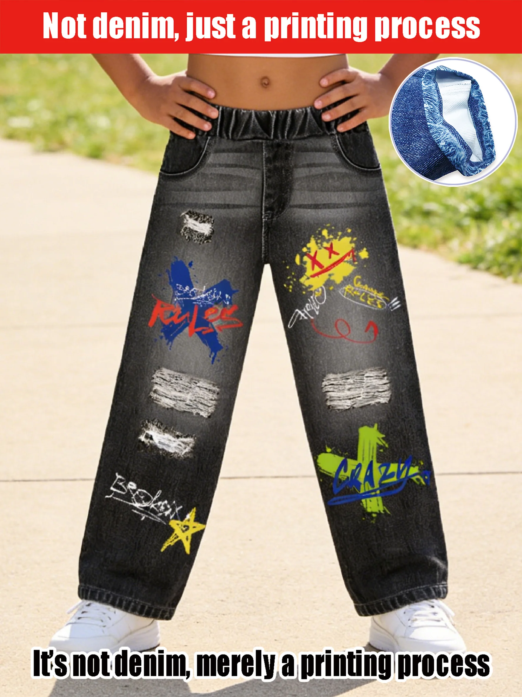 2026 Children's Black Faux Denim Wide-Leg Pants Old Holes + Colorful Ink Splash Graffiti