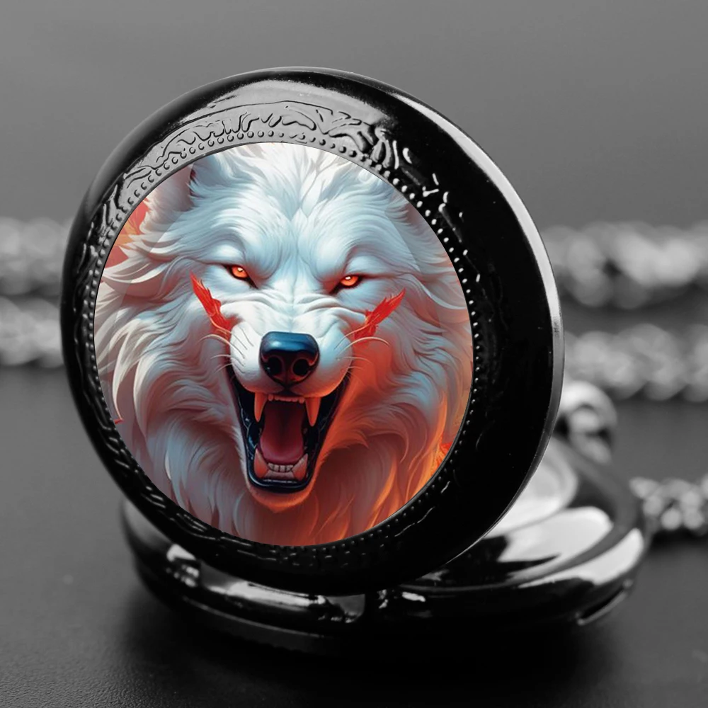 Vintage Cool White Wolf Pattern Design Quartz Necklace Pocket Watch Chain Watches Gift for Women Men FOB Clock Necklace Jewelry