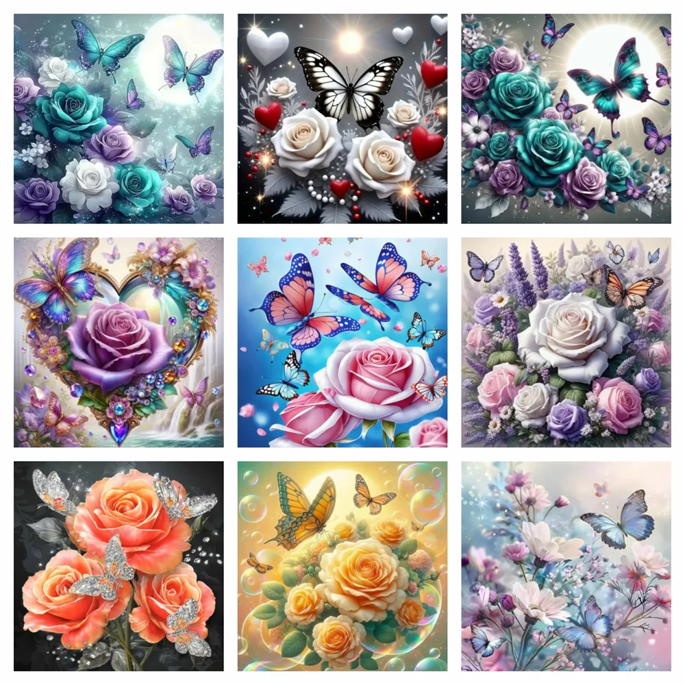 1pc frameless   Diamond Mosaic Butterfly Flower Animal Cross Stitch Diamond Painting 5d Rose Floral Square Round Drill Home Deco
