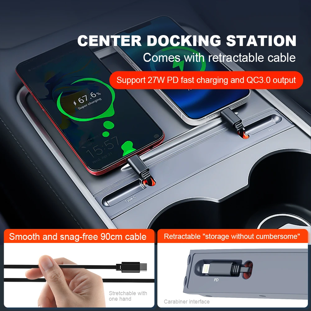 Docking Station with Retractable Cable Car USB Charger 27W PD Type C Hub Quick Charger Digital Display for Tesla Model 3 Model Y