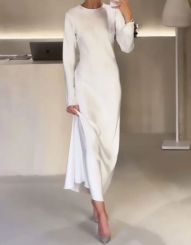 فستان نسائي بأكمام طويلة برقبة مستديرة ، فساتين أحادية اللون ، غير رسمي ، ملابس الخريف ، الخريف ، الشتاء ، موضة الربيع ، جديد ، 2023
