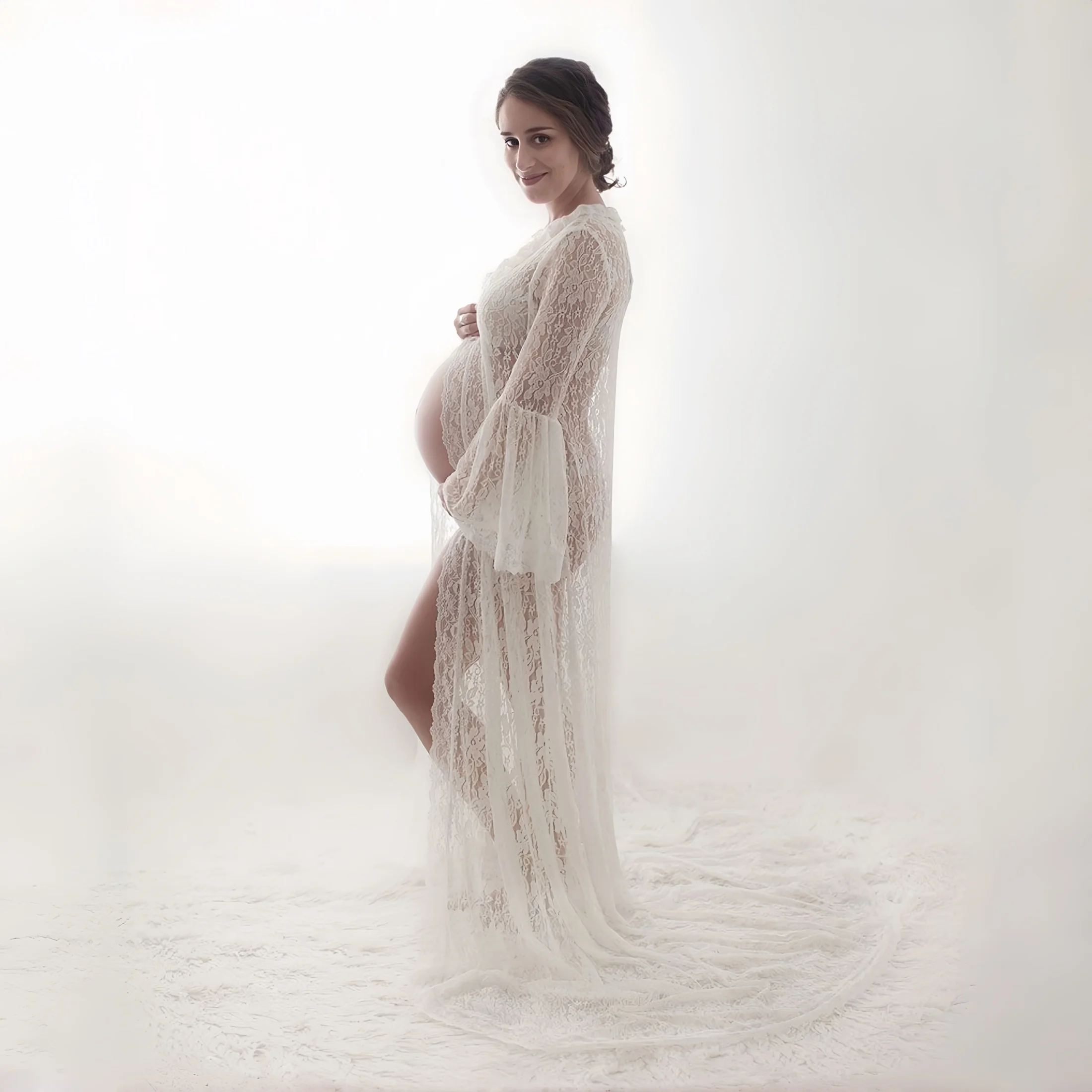 White Lace Maternity Photography Props Long Dresses Flare Sleeve See Through Lace Pregnant Woman Maxi Dress Long Carigan