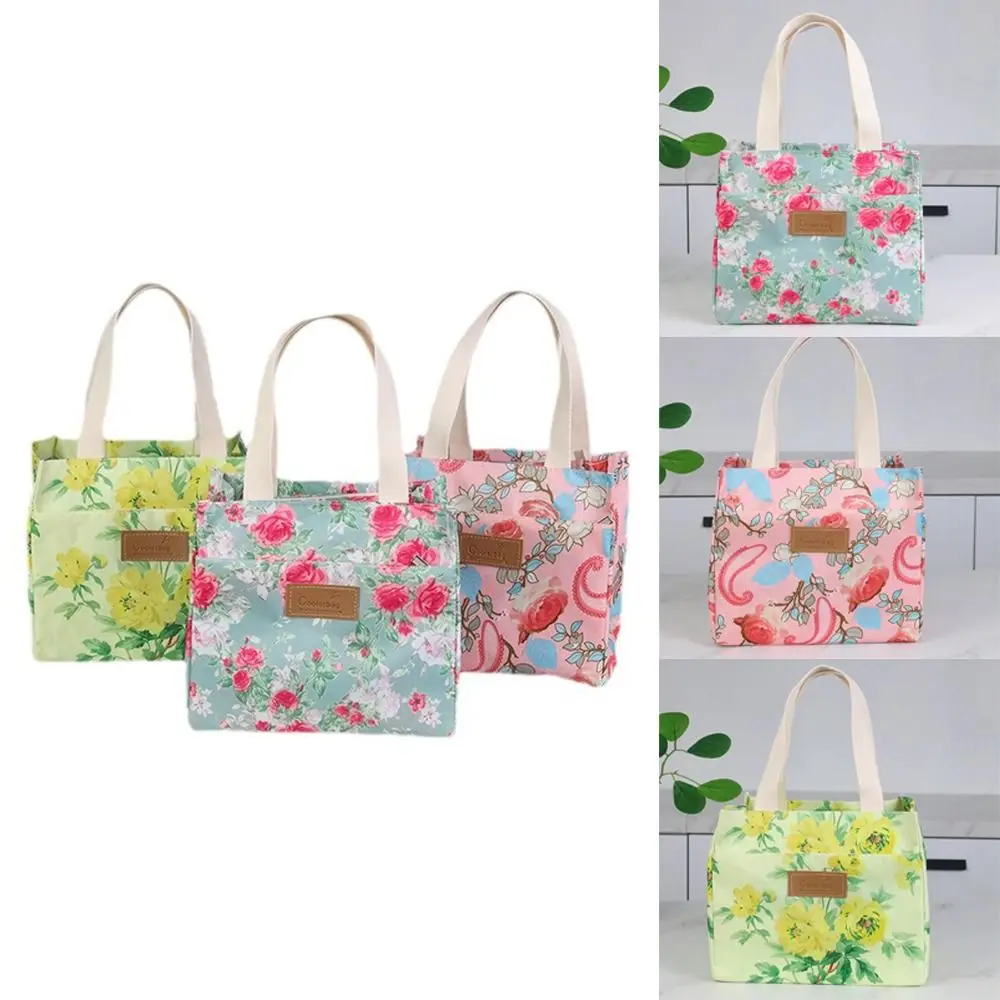 

Oxford Cloth Lunch Bag Large Capacity Waterproof Thermal Insulation Bag Floral Print Foil Lining Lunch Box Handbag for Women