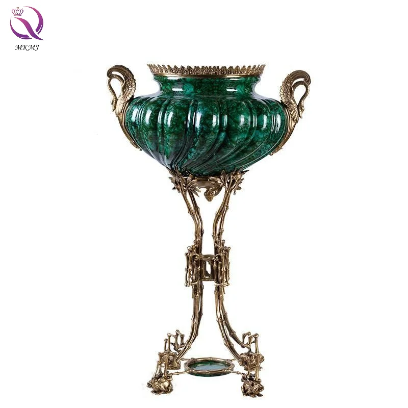 

Luxury Peacock Green Porcelain Vase with Hollowed out Brass Base Antique Decorative Ceramic Vase for Floor Desktop Home Decor