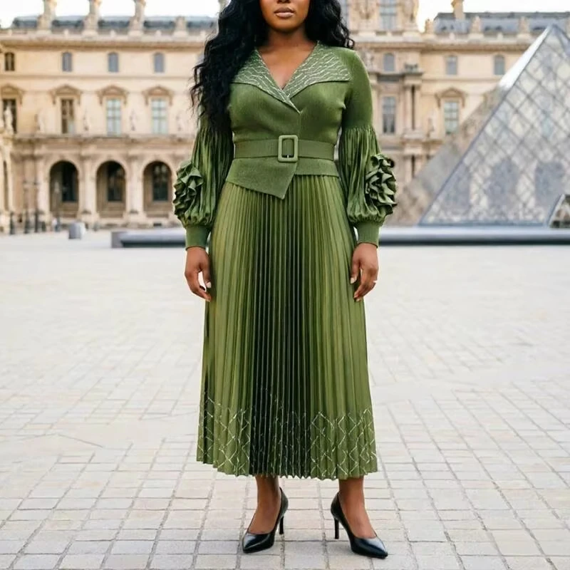 ANLAN Niche Fashion Women's Pleated Dress Elegant Fashion Two Pieces Set Gold Foil Printing Lapel Tie Famale Clothing 2AN5971